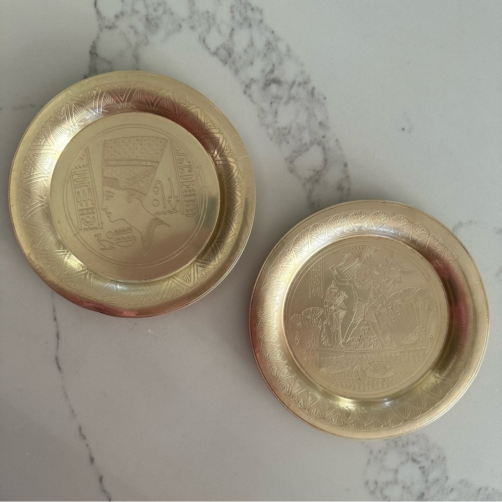 Vintage Solid Brass Etched Egyptian Small Decorative Plates 5 3/8" Diameter